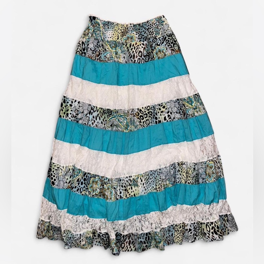 LAPIS Boho Maxi Tiered Skirt Turquoise Cream Floral